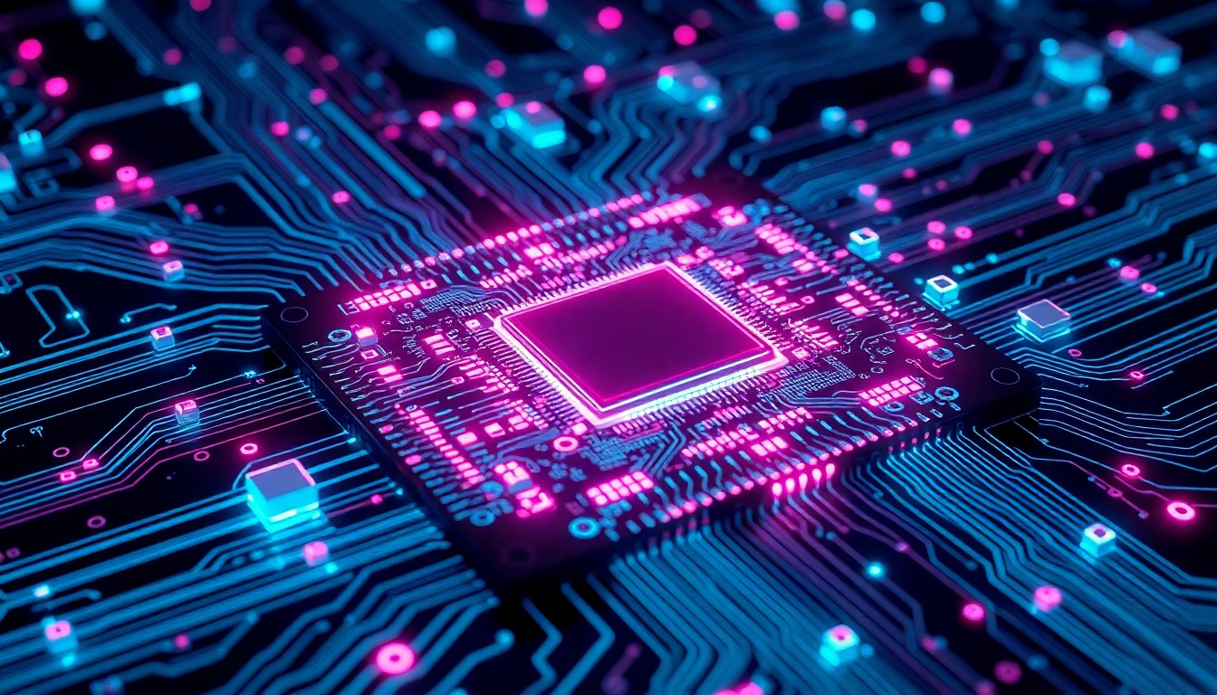 A highly detailed, glowing 3D illustration of a complex semiconductor chip design, with intricate circuitry and geometric patterns illuminated by neon cyan and magenta lights, conceptually representing the advanced, high-tech nature of Cognichip's AI-powered chip design tools.