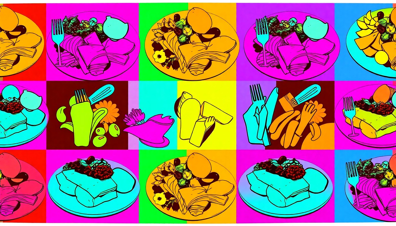 A highly stylized, pop art-inspired illustration featuring a grid of brightly colored, geometric shapes representing various seasonal dishes from Clementine restaurant, capturing the bold, flavorful approach of Chef Rebecca Weitzman.