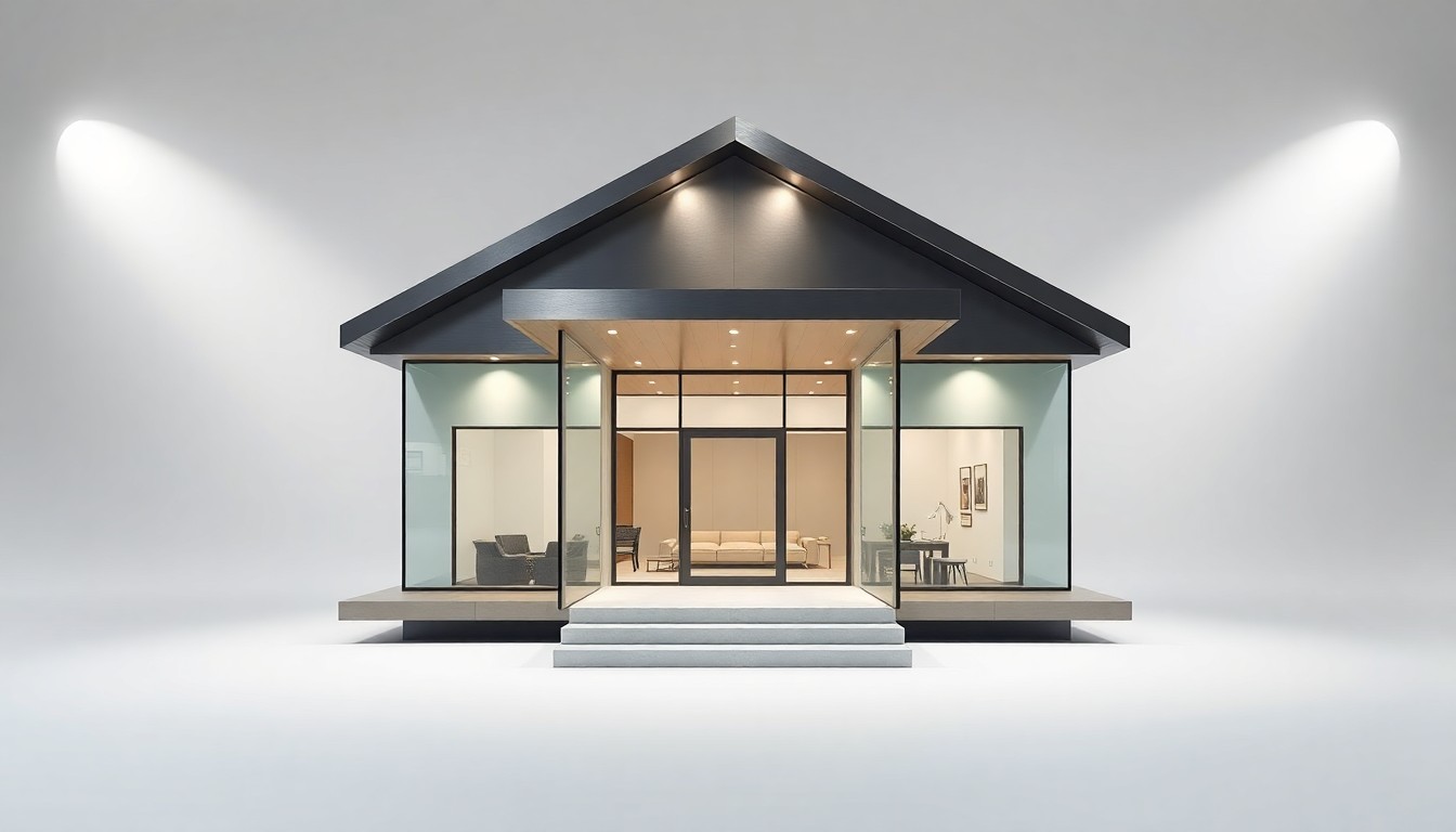 A minimalist, high-end studio photograph featuring a sleek, geometric model home facade made of premium materials like brushed aluminum and frosted glass, floating on a clean white background with dramatic lighting and deep shadows to convey a sense of luxury and exclusivity.