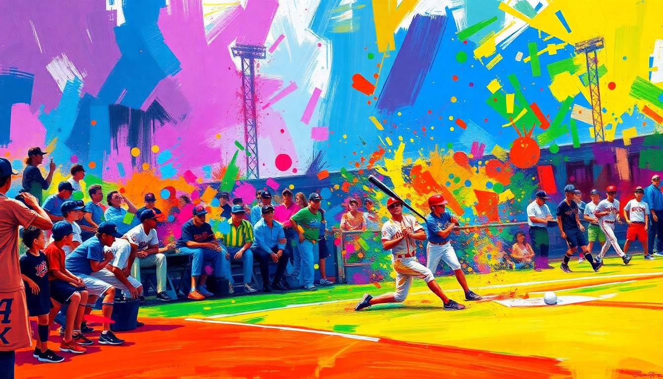 An abstract expressionist painting in neon colors depicting the dynamic motion and energy of a youth baseball game, with players, fans, and the field blending together in a vibrant, unrecognizable display of brushstrokes and color.
