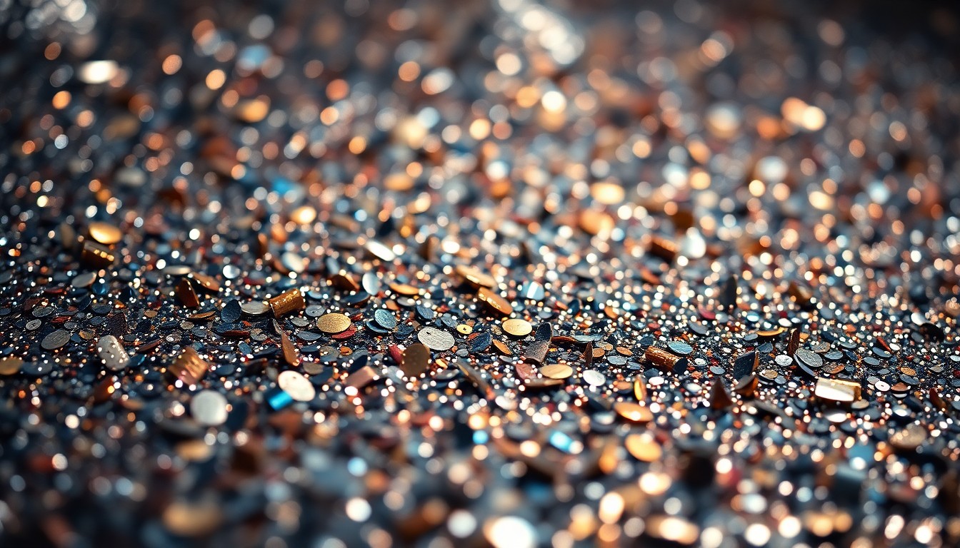 An abstract close-up photograph featuring a shimmering, glittering array of festival textures like sequins, disco ball fragments, and metallic confetti, captured in dramatic, high-contrast studio lighting to create a luxurious, high-fashion aesthetic.