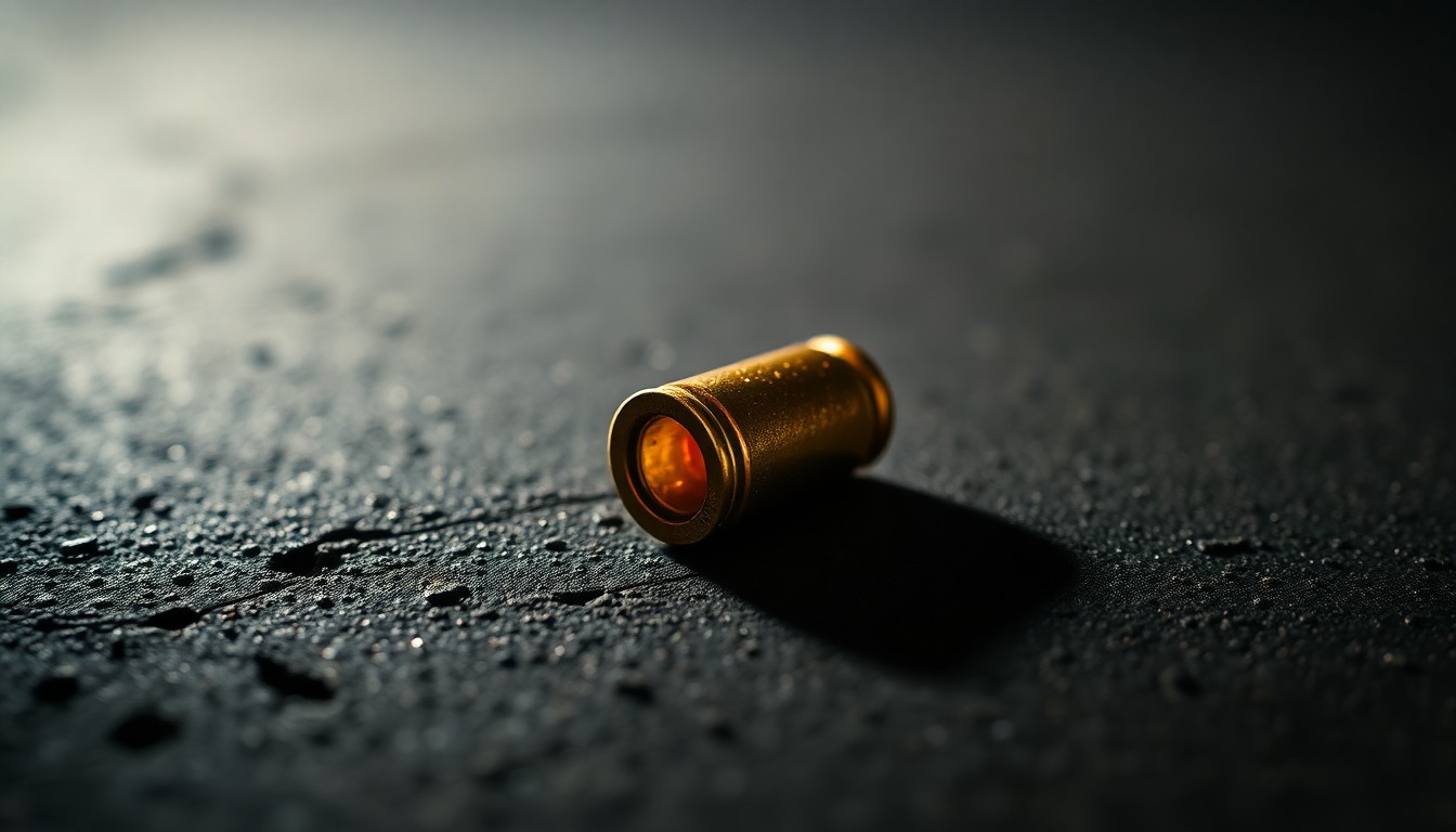 An extreme close-up photograph of a single spent bullet casing on a dark, textured surface, lit by a harsh, direct camera flash, conceptually representing the tragic aftermath of a shooting incident.