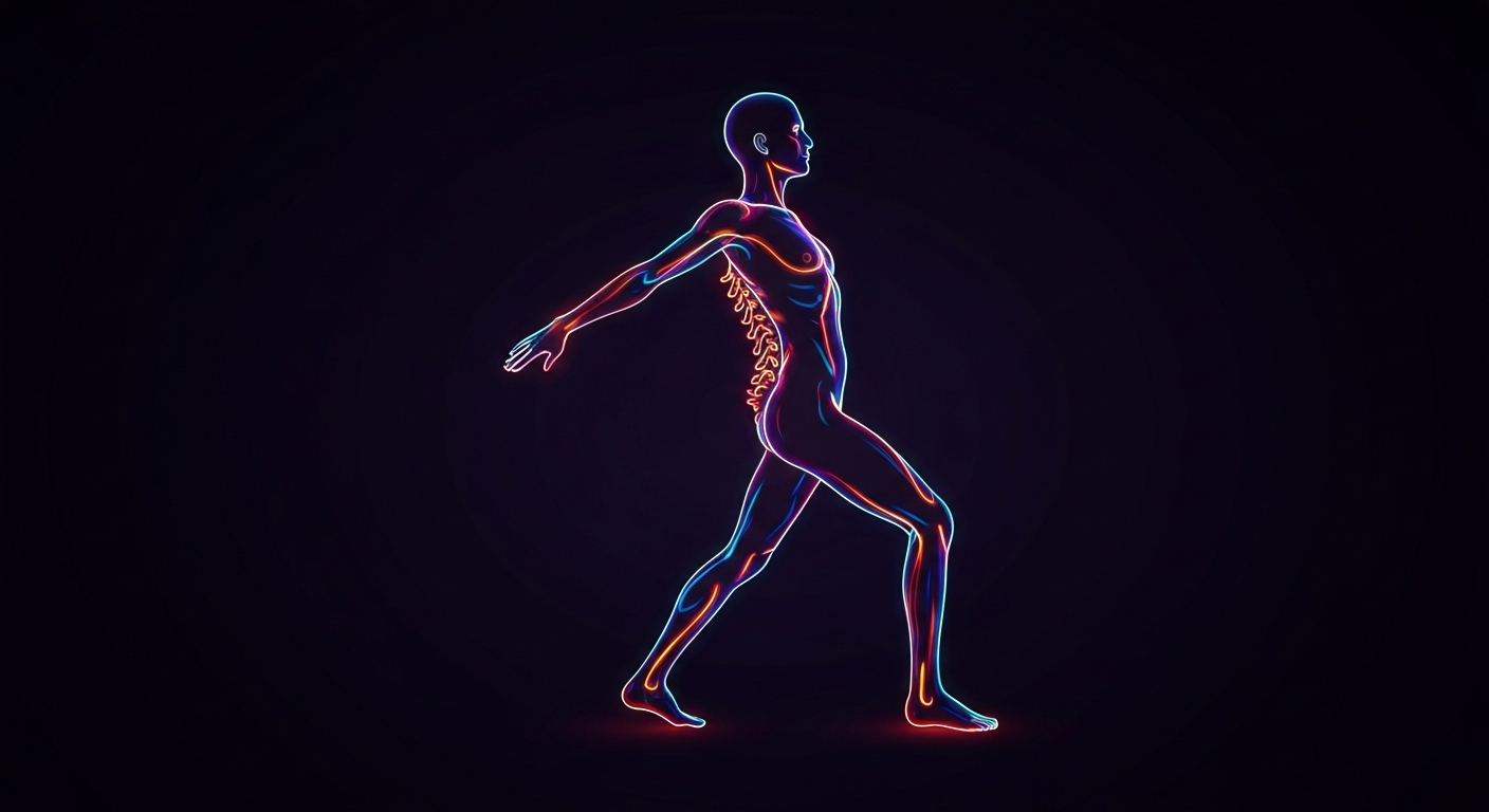 A glowing neon outline of a person in an upright, dynamic posture, with vibrant lines defining the figure's limbs and spine against a dark background, conceptually representing the importance of proper body alignment.
