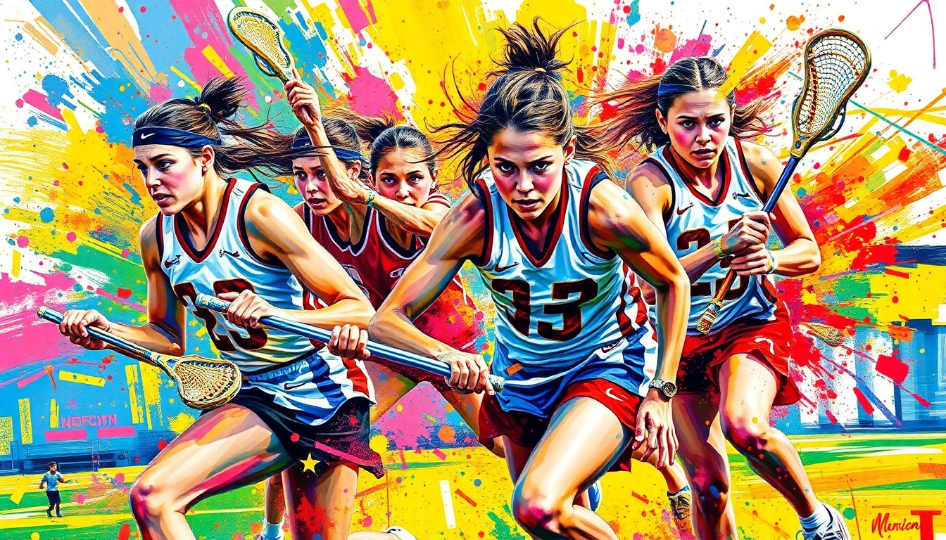 An abstract, energetic painting in neon colors depicting the fast-paced action and intensity of a girls lacrosse game, with players' forms blending into the vibrant brushstrokes.