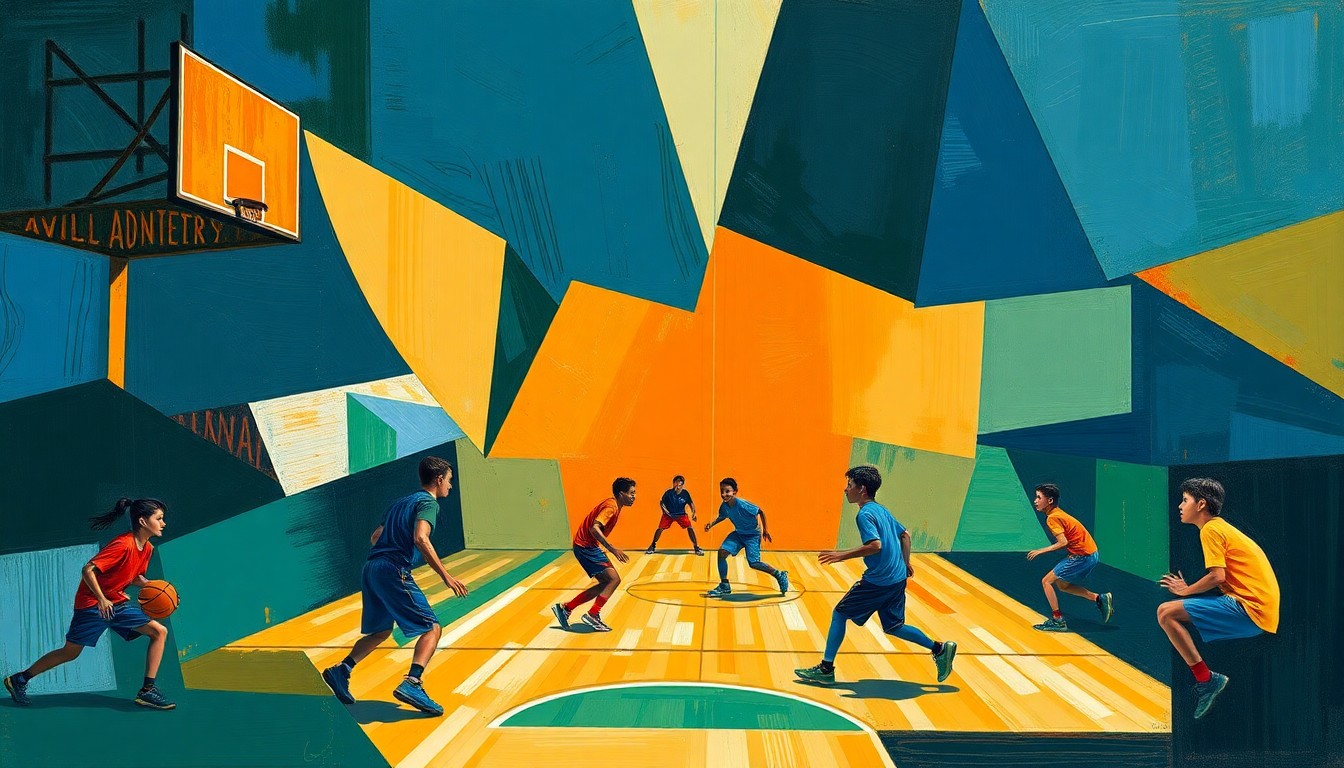 A fractured, geometric painting in navy, green, and orange tones, depicting a youth basketball game broken down into sharp, overlapping planes, conveying the structured, disciplined approach of the training program.