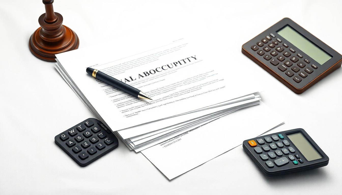 A high-end, photorealistic studio still-life photograph featuring a stack of legal documents, a pen, and a calculator arranged elegantly on a clean, white seamless background, symbolizing the legal and financial aspects of bankruptcy proceedings.