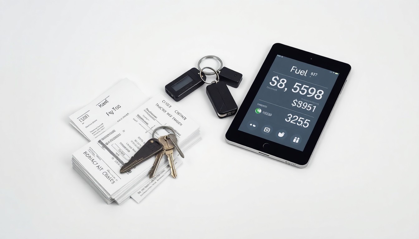 A photorealistic studio still-life featuring a stack of fuel receipts, a set of truck keys, and a digital tablet displaying fuel price data, symbolizing the financial challenges facing the transportation industry due to rising diesel costs.