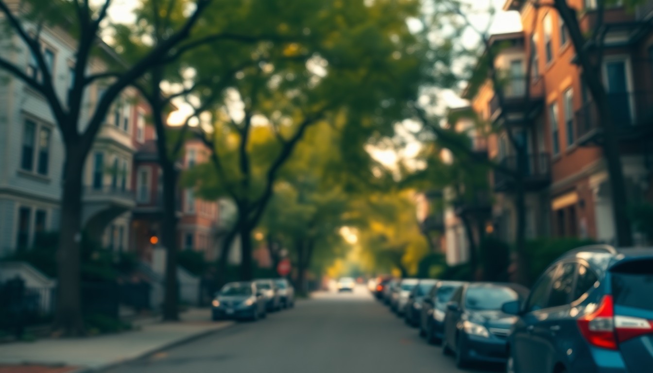 An abstract, impressionistic scene of a residential street in Manhattan, with blurred trees, houses, and parked cars in a warm, golden-toned color palette, conveying a sense of community and environmental care.