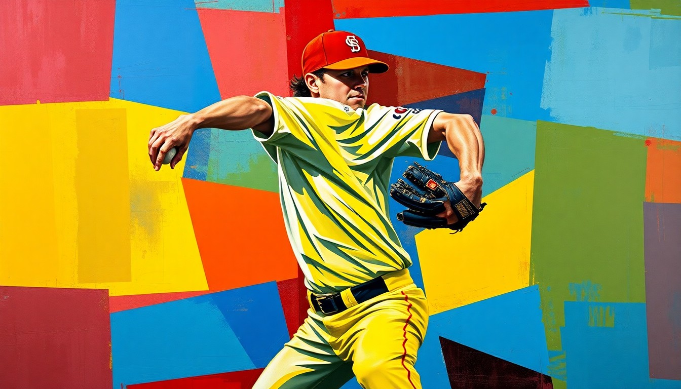 A cubist, geometric painting depicting the fractured, multi-angled motion of a baseball pitcher, rendered in vibrant colors, capturing the tension and uncertainty surrounding the Angels' decision on their prized young arm.