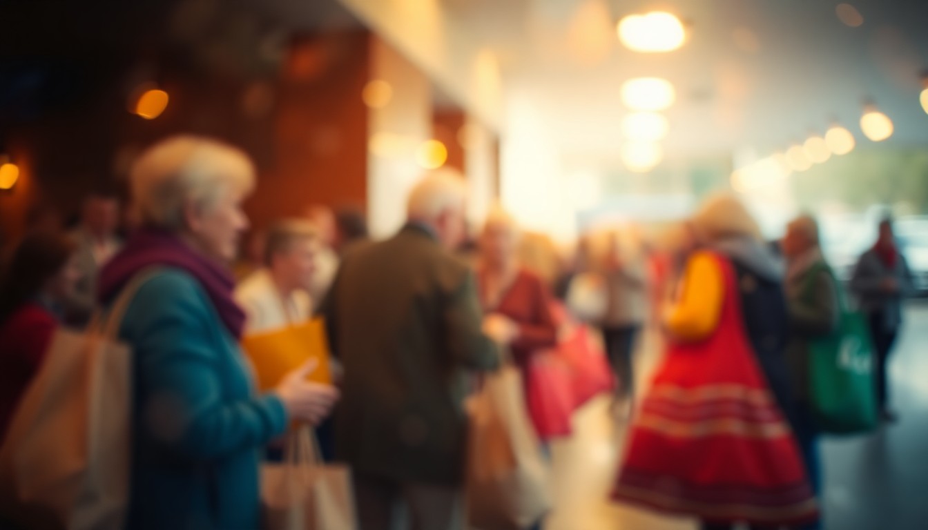 An abstract, out-of-focus scene of volunteers handing grocery bags to seniors, conveying the compassionate mood of the community event through soft, hazy pools of light and color.