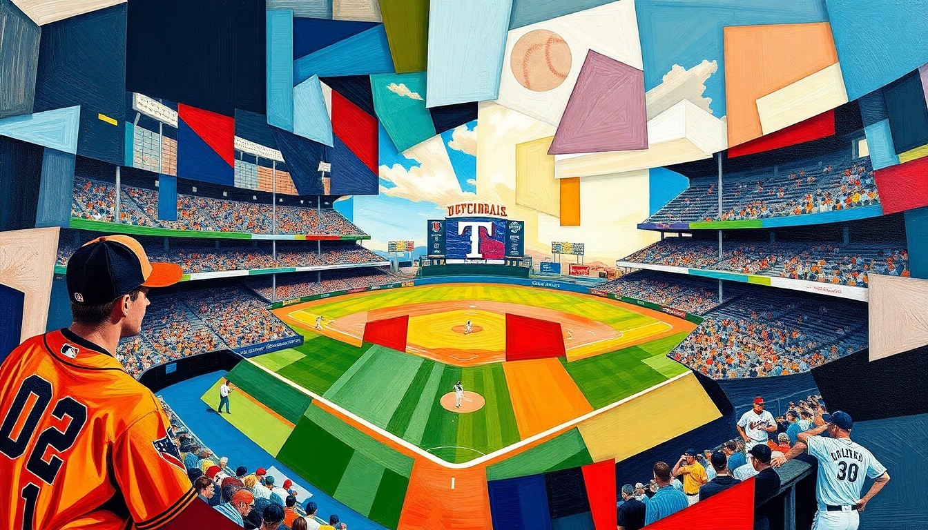 A cubist, geometric painting depicting a baseball game broken down into overlapping planes of color, representing the complex and evolving role of technology in the sport.
