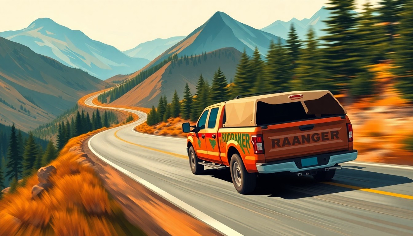 A dynamic, abstract painting depicting a forest ranger's vehicle speeding through a mountainous landscape, with overlapping geometric shapes and brushstrokes in warm earth tones and cool blues, conveying a sense of motion and transition.