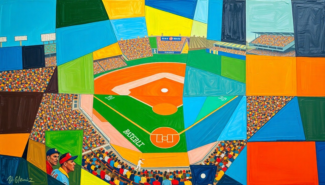 A vibrant, fragmented painting depicting a baseball game, with players and the field broken down into angular, overlapping geometric shapes in a cubist style.