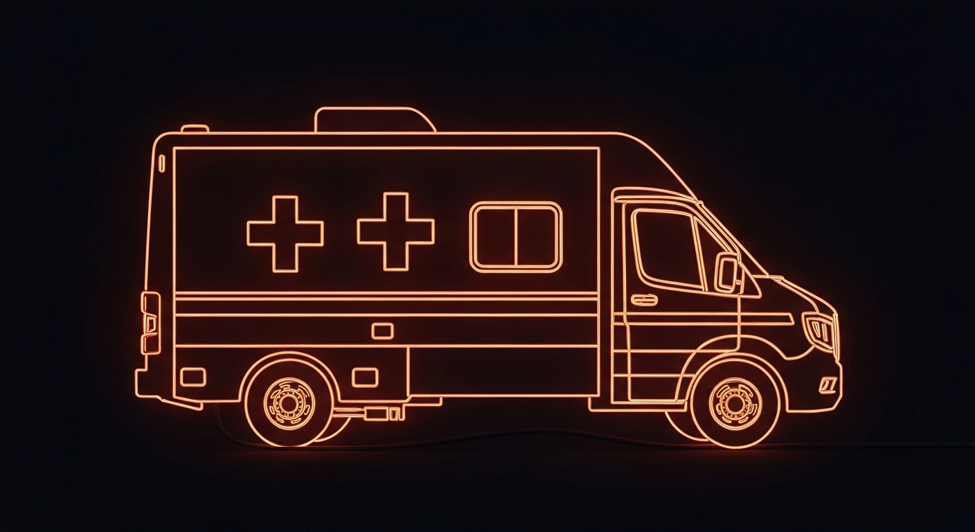A glowing neon outline of a mobile van against a dark background, representing the vehicle's role in delivering vital resources to local communities.