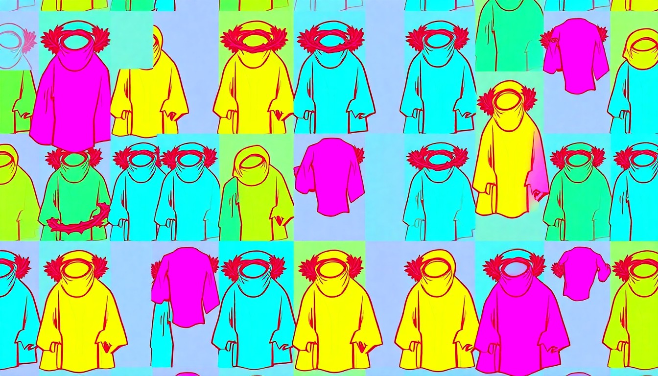 A high-contrast silkscreen print of an iconic Easter pageant prop, such as a crown of thorns, repeated in a grid pattern with bold, neon colors, capturing the celebratory and artistic nature of the long-running university tradition.