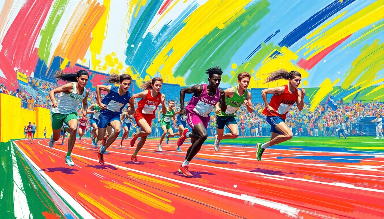 An abstract, energetic painting featuring bold brushstrokes in neon greens, oranges, and blues, capturing the dynamic motion and intensity of a middle school track and field competition.