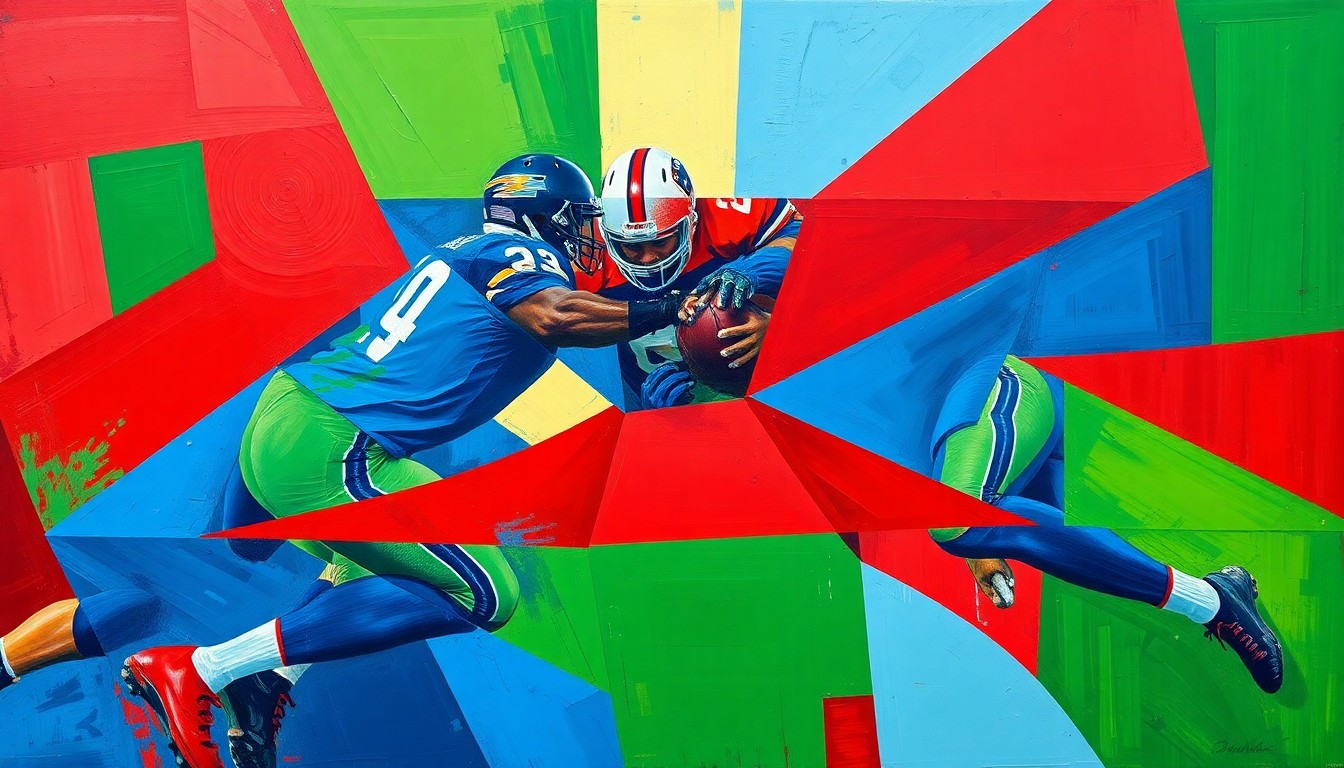 A fragmented, geometric painting depicting a football defensive play, with sharp planes of color and overlapping shapes representing the multifaceted nature of the sport and the recruiting process.