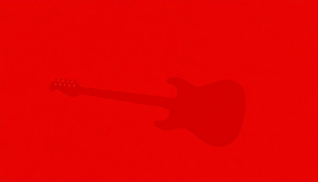 A dramatic, abstract black silhouette of a guitar shape against a bright red background, conveying the concept of a violent attack on a famous musician.