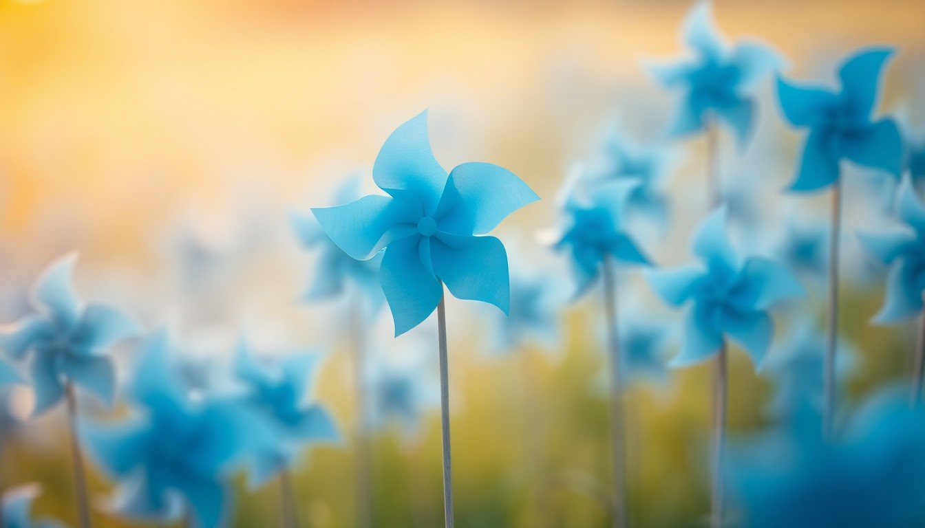 An extremely abstracted, out-of-focus photograph of a field of spinning blue pinwheels, their movement creating a dreamlike, impressionistic scene of soft, warm color and light.