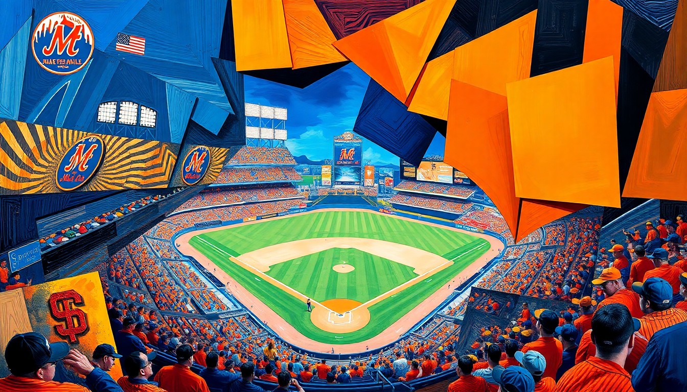 A visually striking, cubist-inspired painting depicting a baseball game between the New York Mets and San Francisco Giants, with the players and field broken down into sharp, overlapping geometric shapes and planes of vibrant color.