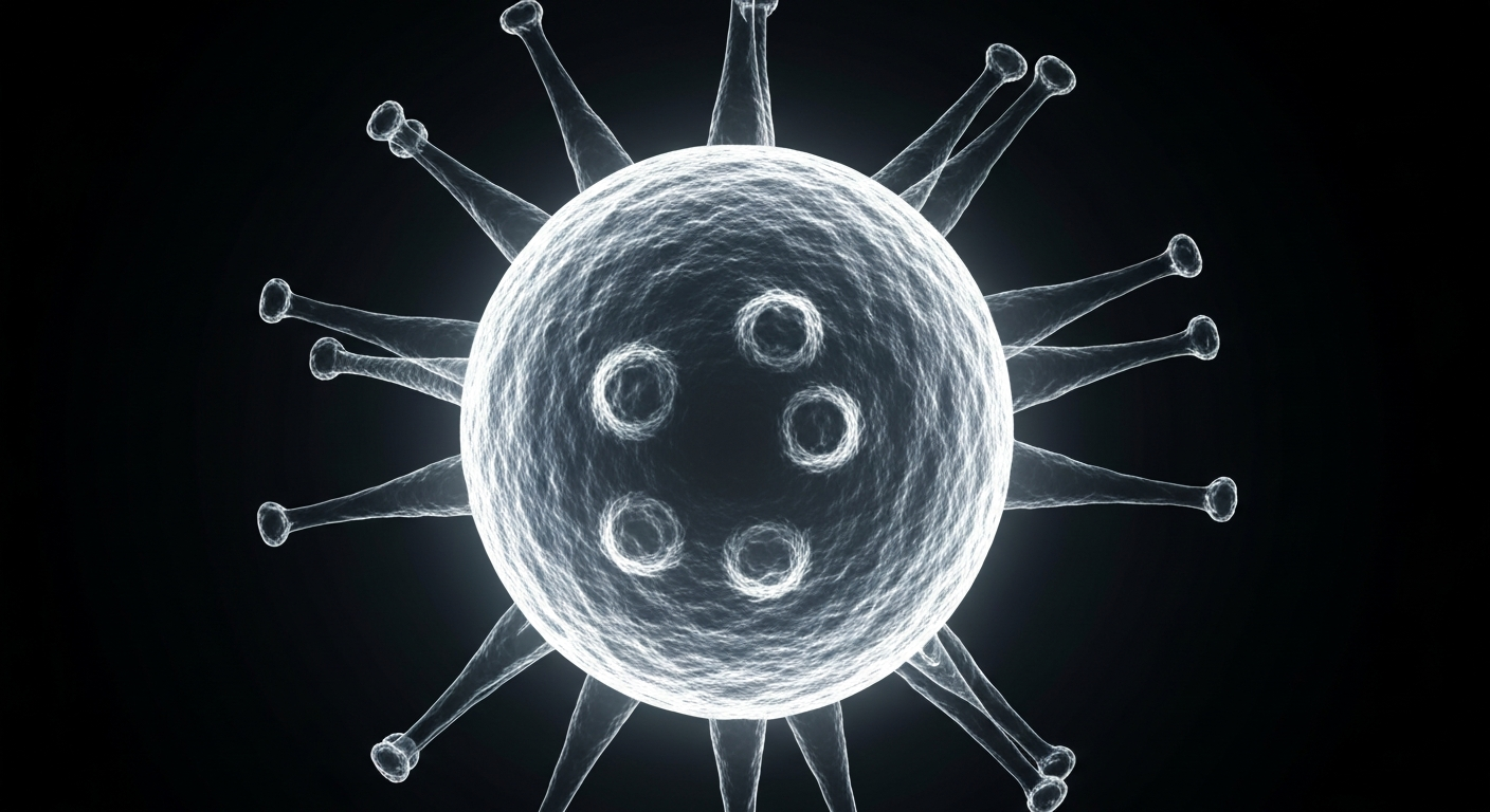 A translucent, ghostly X-ray-style image showing the detailed internal structure of a measles virus particle, rendered in shades of blue and purple against a dark background.