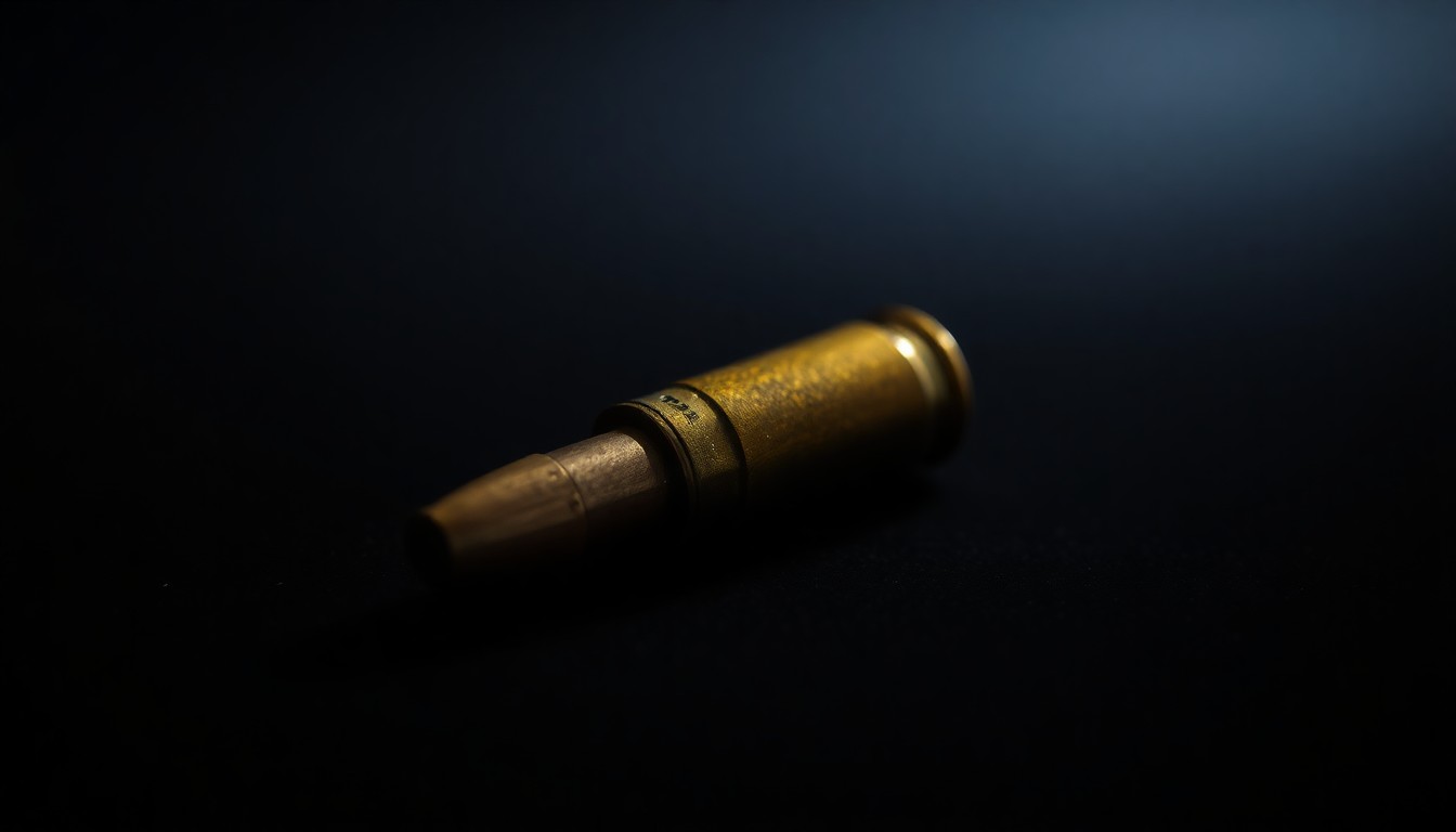 An extreme close-up photograph of a single spent shell casing on a dark surface, lit by a harsh, direct camera flash, conceptually illustrating the gritty details of a crime scene investigation.