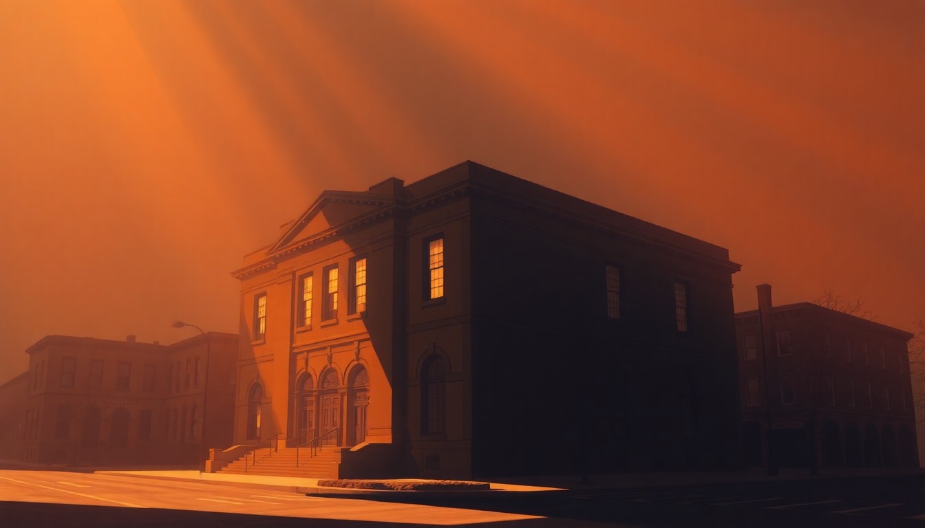 A serene, cinematic painting of Baltimore's City Hall building, with warm sunlight casting deep shadows across the facade, conveying a sense of civic pride and determination.