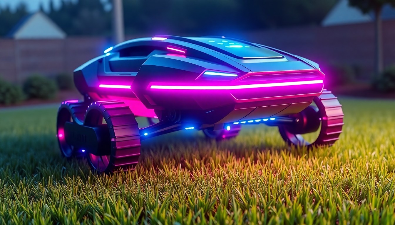 A highly detailed, glowing 3D macro illustration of a futuristic autonomous lawn mower with neon cyan and magenta lights illuminating its sleek, geometric chassis and cutting blades, hovering above a lush, green lawn.