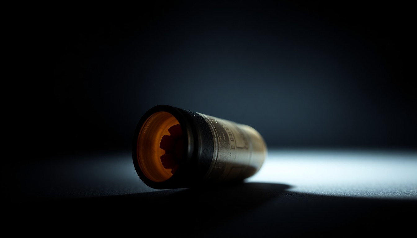 An extreme close-up photograph of a spent shell casing from a handgun, conveying a stark, gritty, investigative aesthetic without any text or visual distractions.