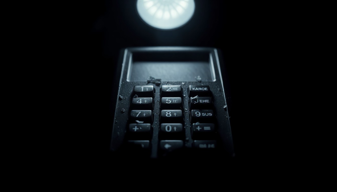 An extreme close-up photograph of a damaged payment system keypad, the harsh lighting and stark black background creating a gritty, investigative mood around the attempted burglary.