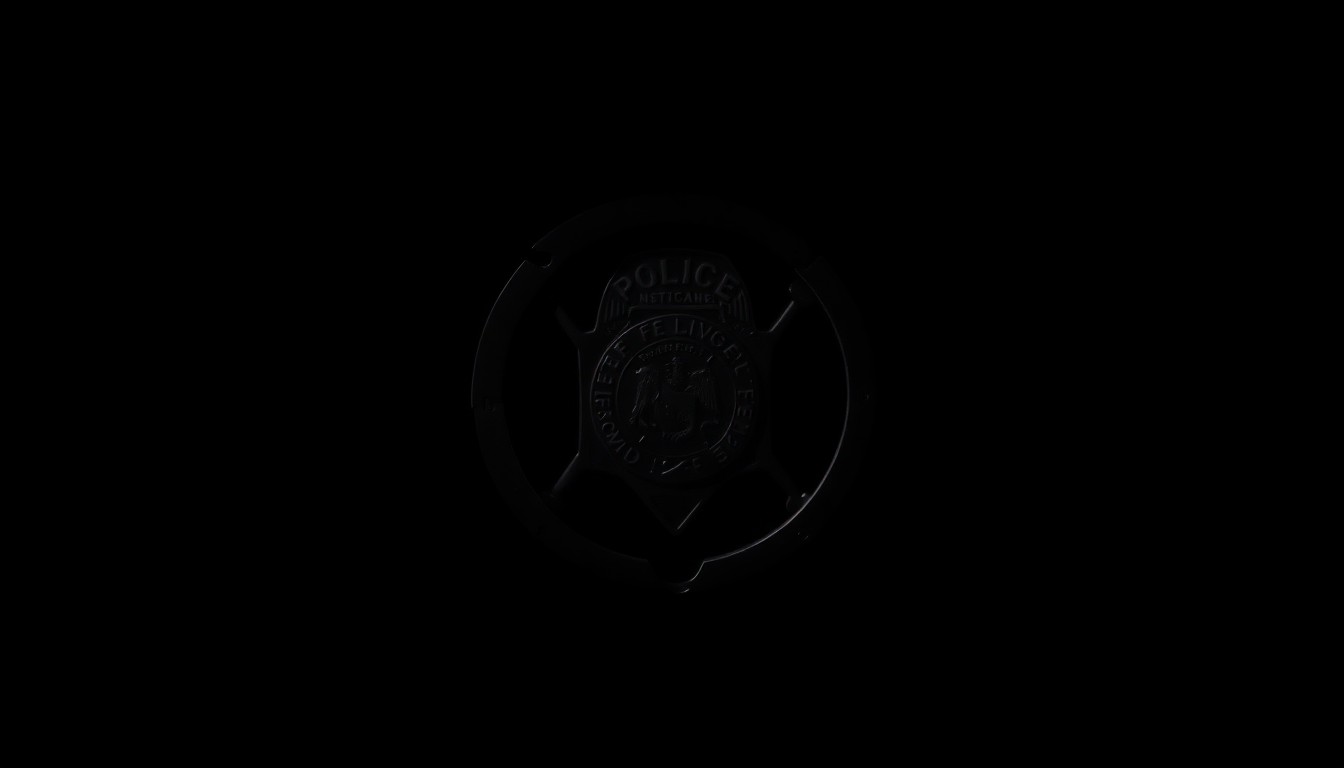 An extreme close-up photograph of a police badge or handcuffs lit by a harsh, direct camera flash against a pitch-black background, conceptually illustrating the risks and dangers that law enforcement officers face in the line of duty.