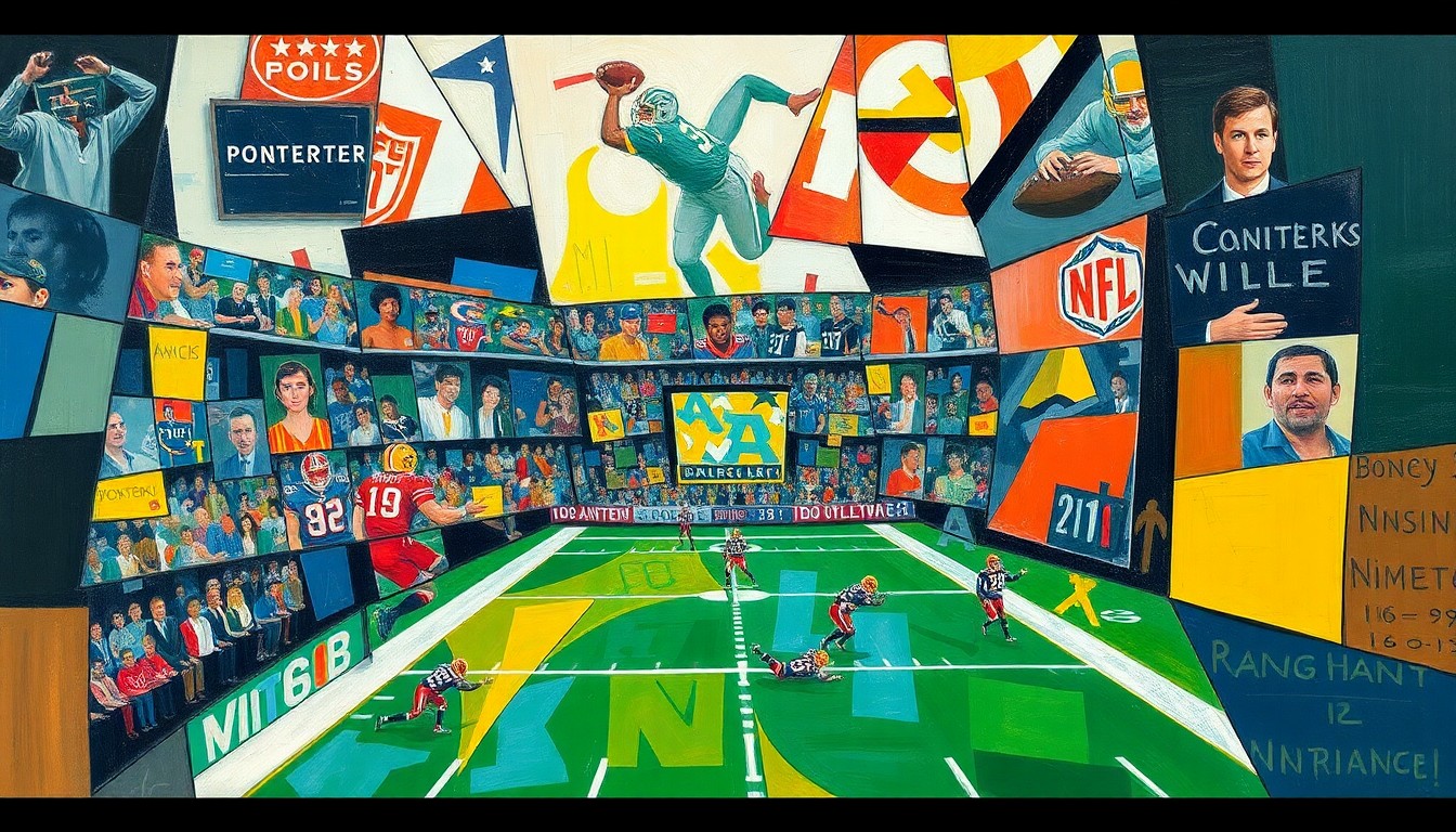 A cubist, geometric painting depicting fragmented football players, draft prospects, and team logos, conveying the complex decision-making process of an NFL draft trade.