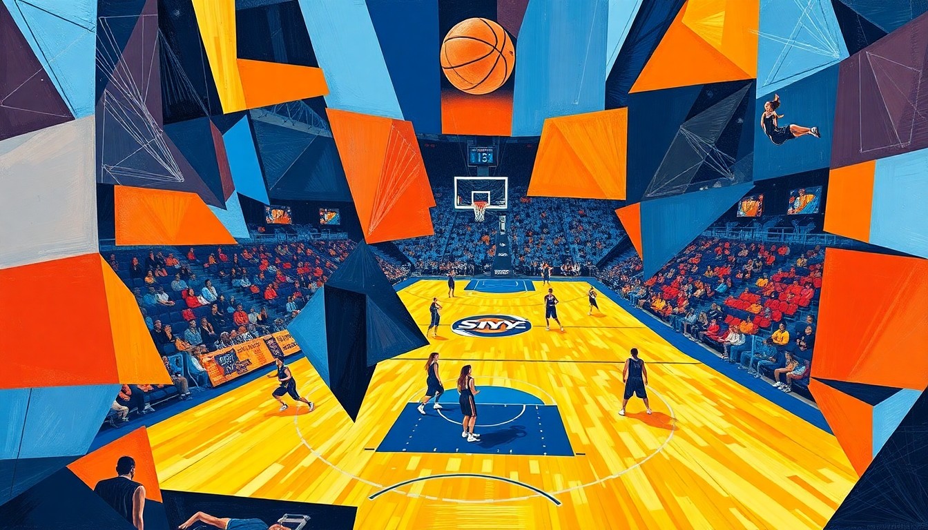 A cubist, geometric painting in navy blue, sky blue, and orange, depicting a fragmented and deconstructed WNBA basketball game, representing the Chicago Sky's transition to a new era.