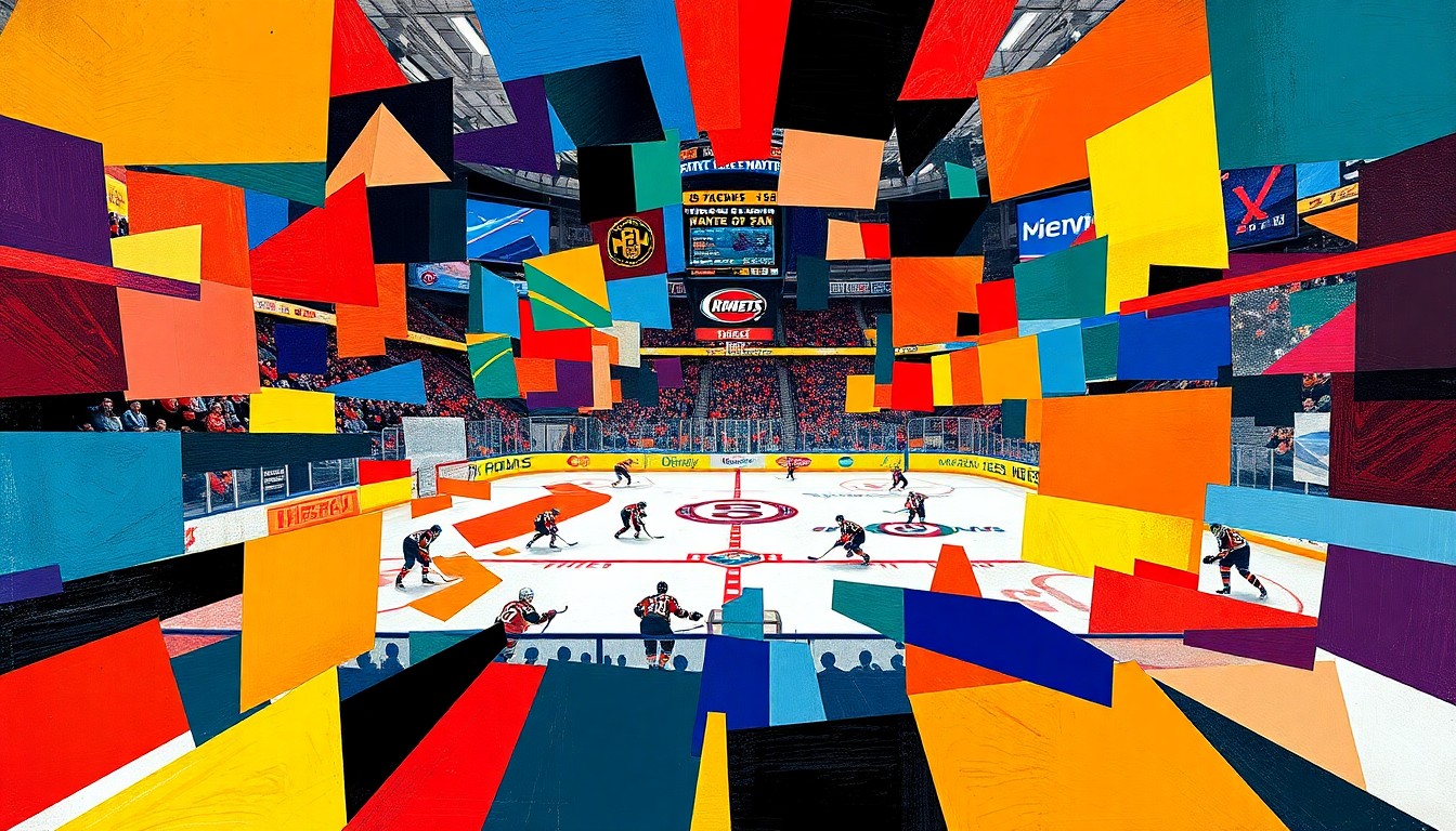 A cubist, geometric painting depicting the action of a hockey game, with overlapping planes of color representing the players and the energy of the competition.