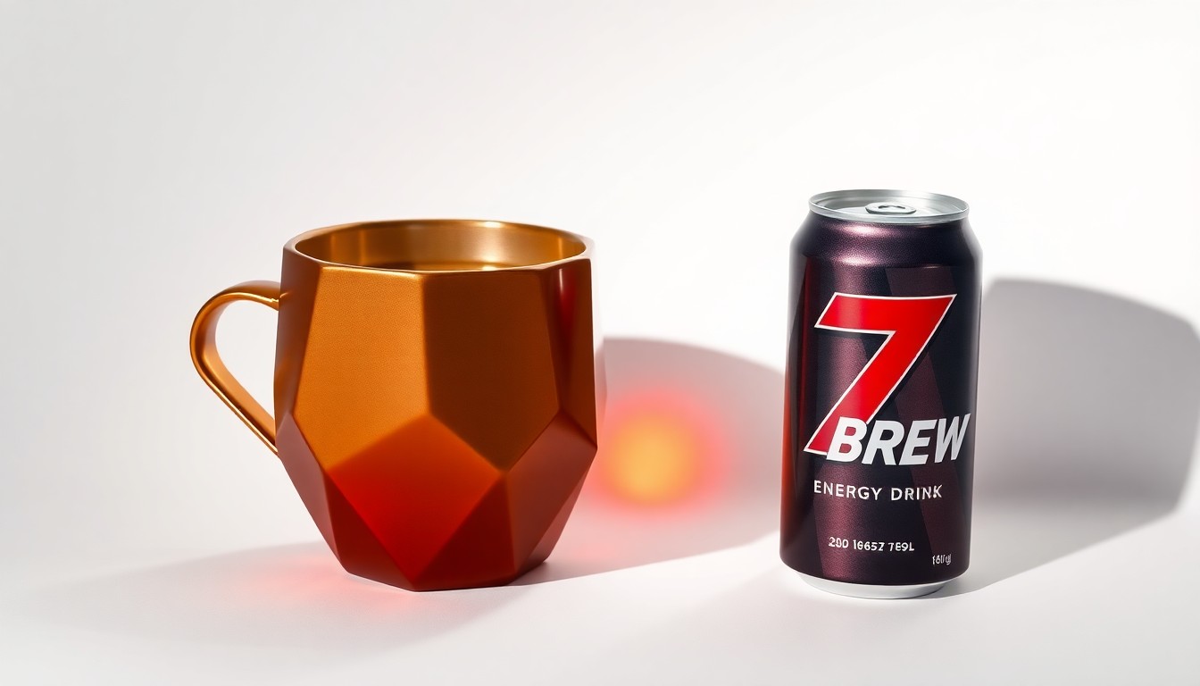 A high-end, photorealistic studio still-life photograph featuring a polished, geometric coffee cup and a sleek, metallic energy drink can arranged elegantly on a clean, white seamless background, conceptually representing the premium quality and energizing nature of the 7 Brew products.