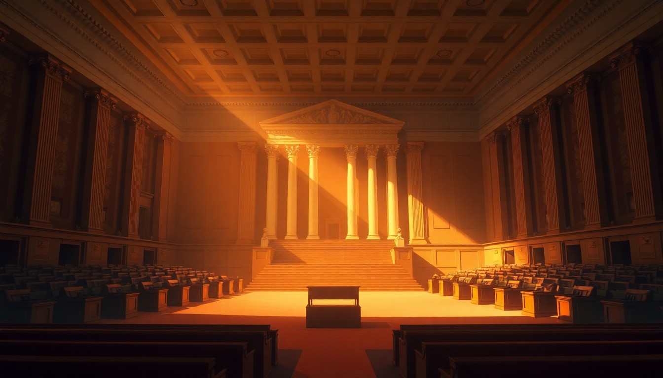 A dimly lit, cinematic painting of an empty Supreme Court chamber, with warm sunlight streaming in through the windows and deep shadows casting an air of solemnity over the proceedings.