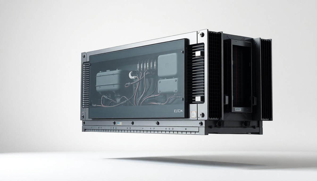 A photorealistic studio still life of a large, heavy-duty electric semi-truck battery pack with exposed terminals and cooling fins, floating on a clean, monochromatic background and using dramatic lighting to convey the abstract risks and challenges of integrating electric vehicle infrastructure into urban environments.