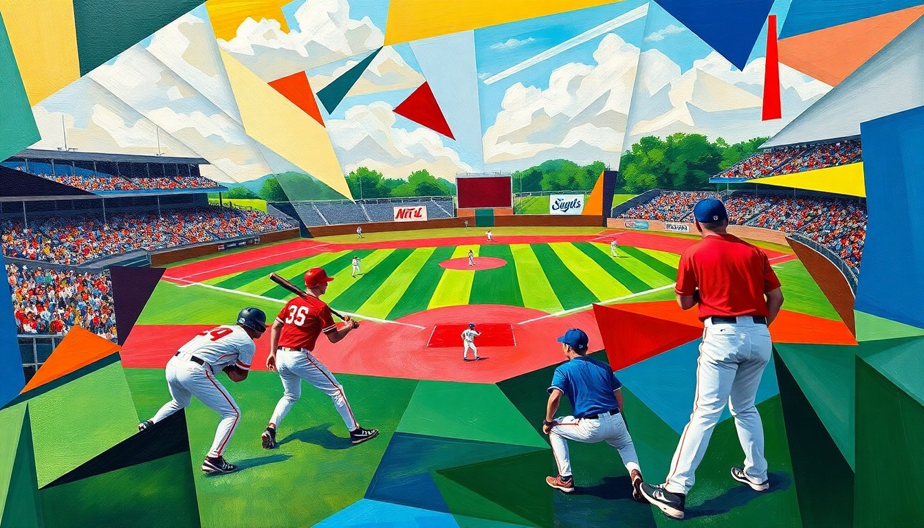 A cubist, geometric painting depicting a high school baseball game, with the players and field reduced to angular, abstracted forms in a vibrant color palette.
