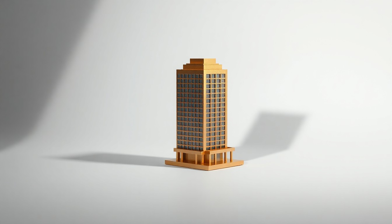 A highly polished, geometric brass sculpture in the shape of a hotel building, resting on a clean, monochromatic background and dramatically lit to represent the abstract concepts of corporate strategy and luxury hospitality.