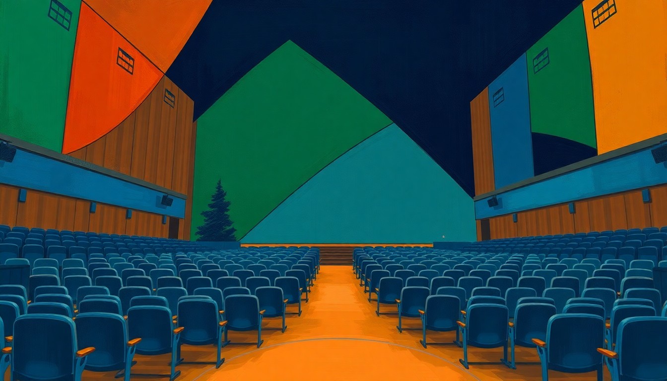 An abstract, fragmented painting in shades of blue, green, and orange, depicting an empty school auditorium or gymnasium, conveying a sense of disruption and shifting power dynamics in education.