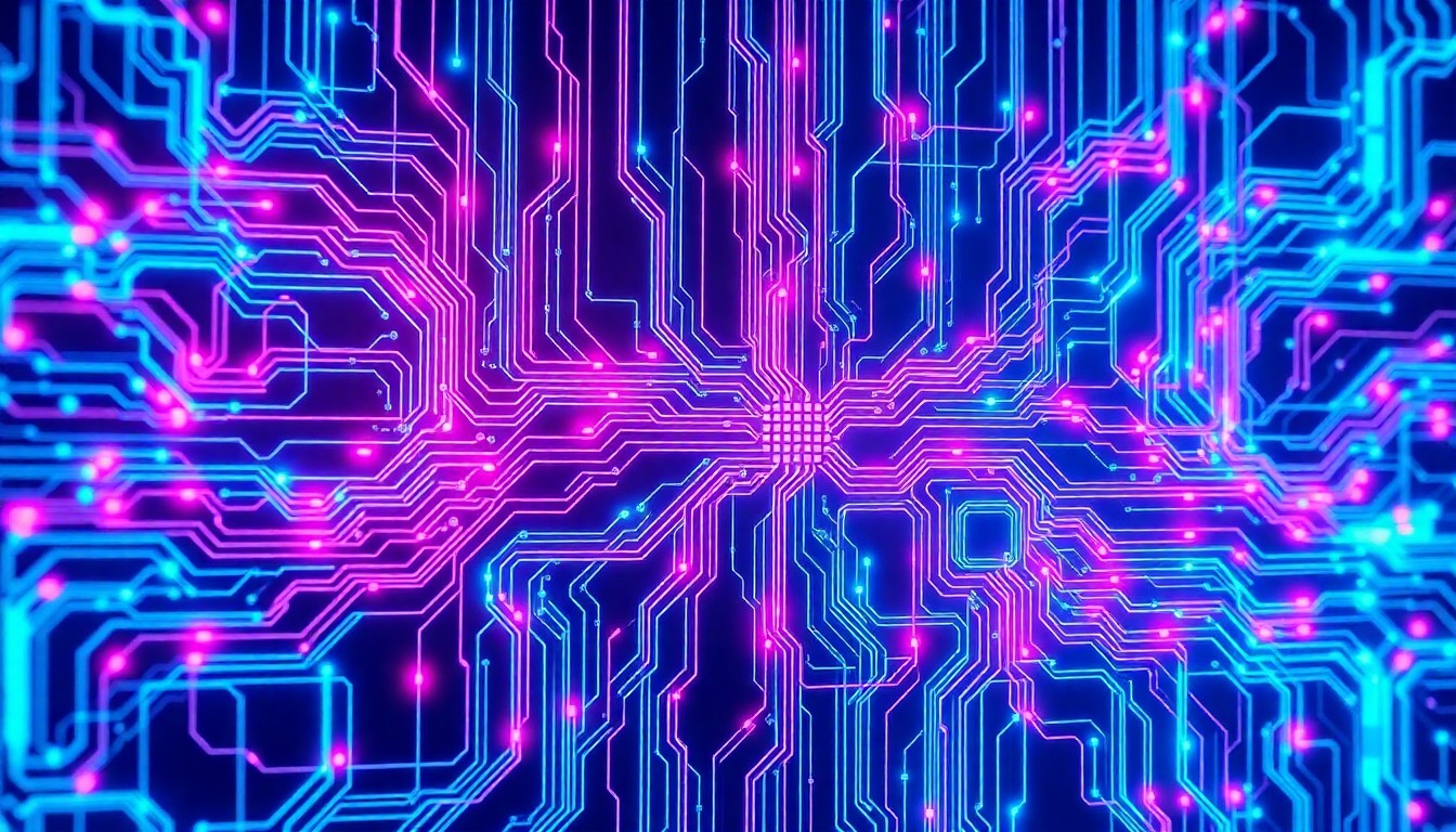 A highly detailed, glowing 3D illustration of a complex network of interconnected circuits, wires, and data streams in shades of neon blue, purple, and magenta, conceptually representing the opaque inner workings of an AI system.