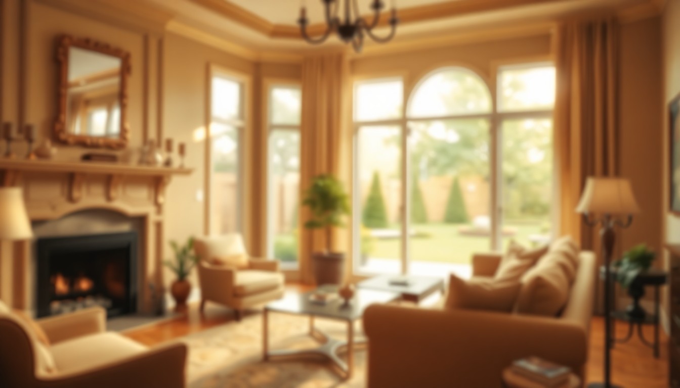 An extremely abstracted, out-of-focus photograph in soft pools of warm light and color, depicting the cozy interior of a luxury home with a fireplace and views of a lush backyard.