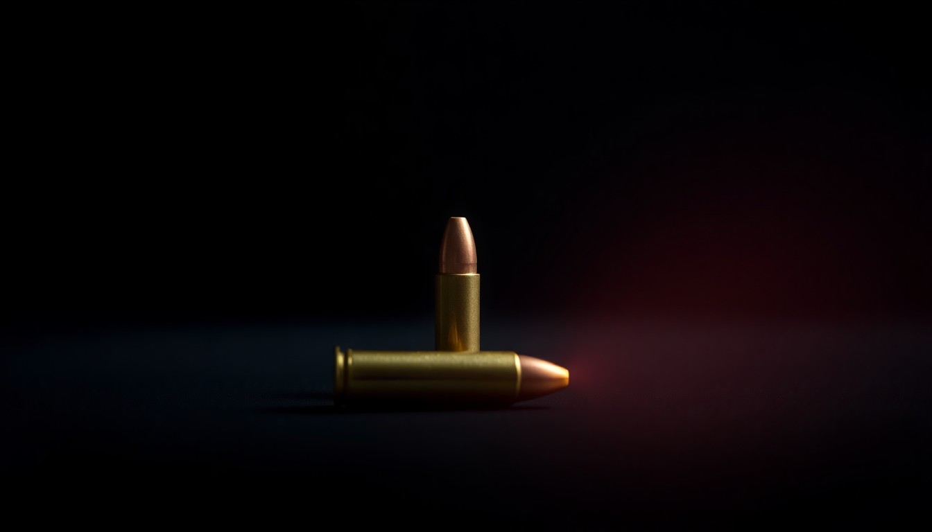 An extreme close-up photograph of a single bullet casing on a dark background, lit by a harsh, direct camera flash, conceptually representing the physical evidence at the center of a controversial shooting case.