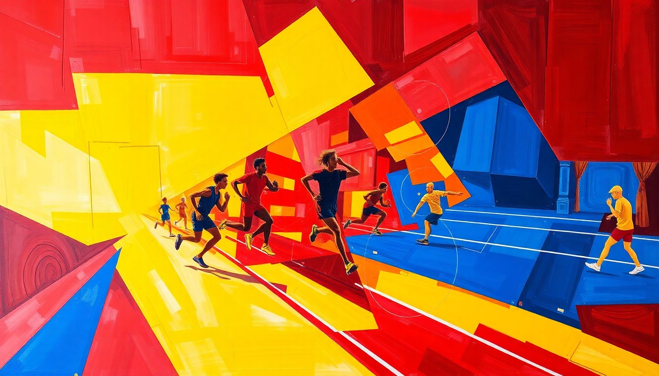 A fragmented, geometric painting in bold colors depicting the dynamic action of a track and field competition, with overlapping planes and shapes representing the various events and athletes.