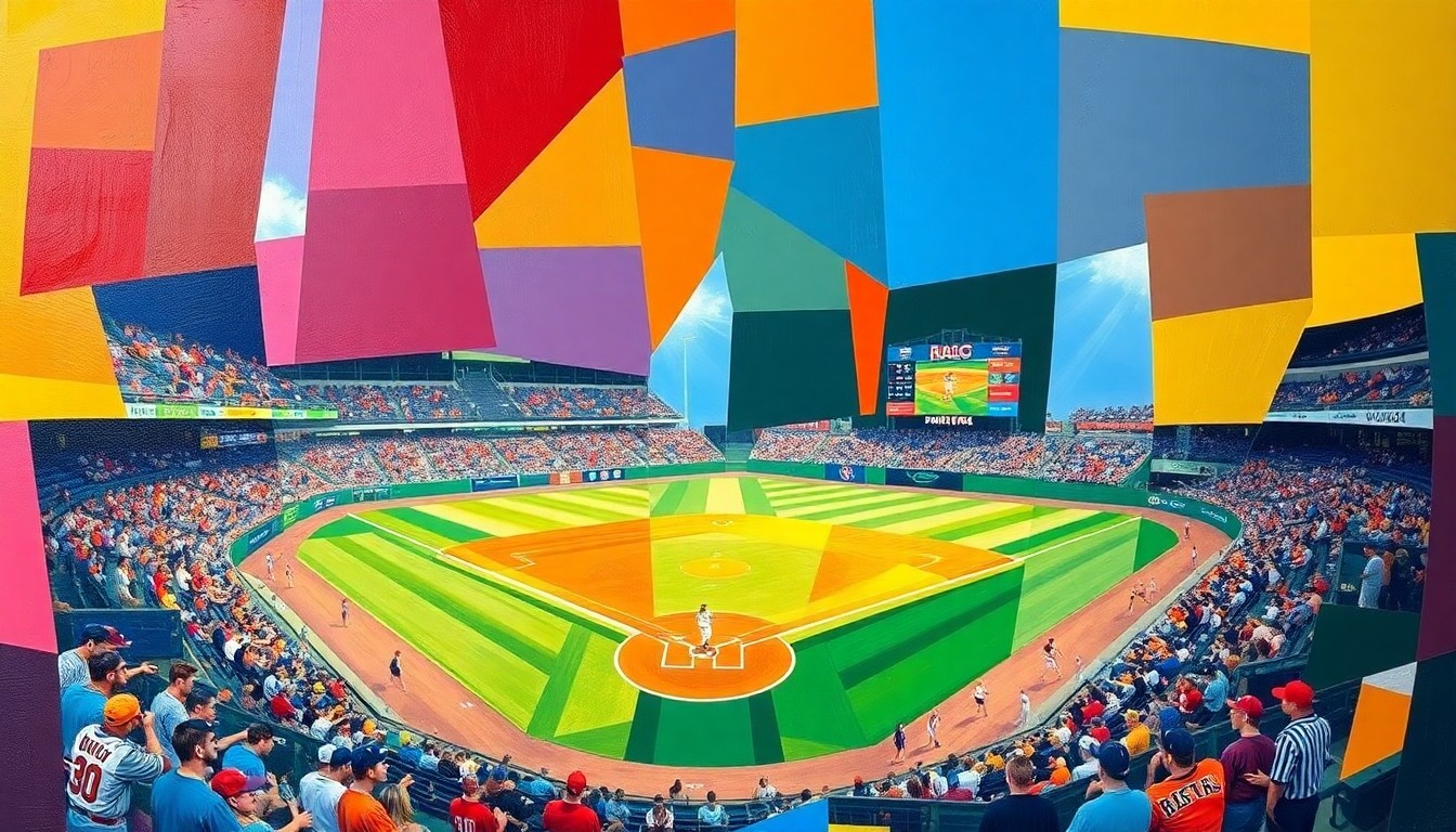 A cubist-style painting featuring sharp, overlapping geometric shapes in the team colors of Holyoke and Granby, capturing the energy and action of a high school baseball game.