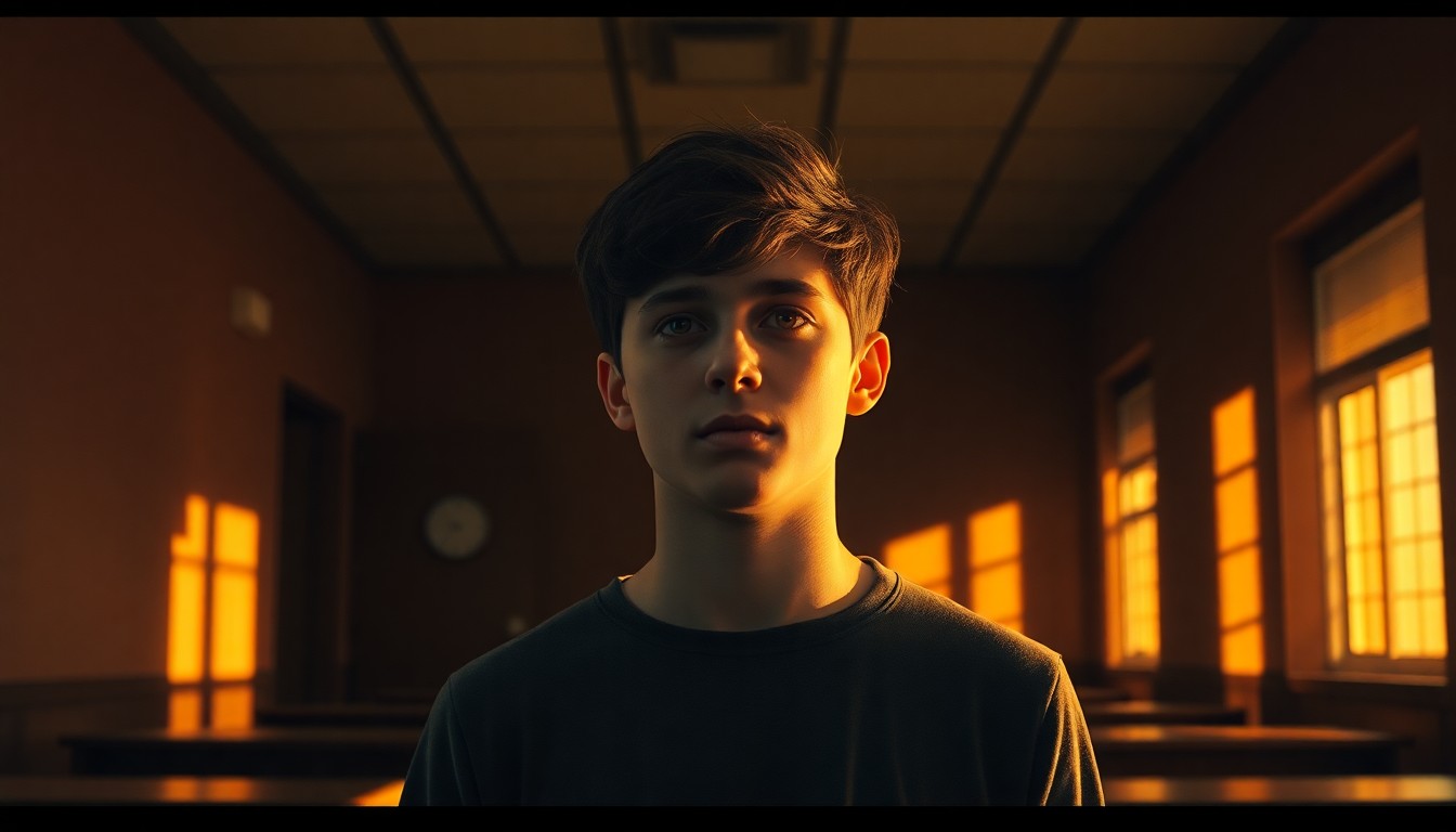 A quiet, cinematic painting of a solitary high school student sitting at a desk in a dimly lit government office, the space bathed in warm, diagonal sunlight and deep shadows, conceptually representing the hands-on civic education provided by a legislative page program.