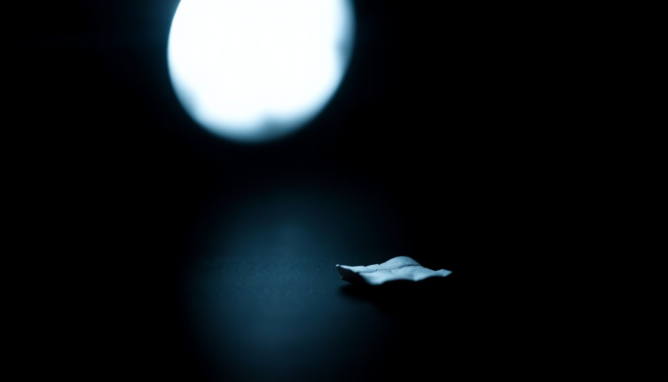 An extreme close-up photograph of a small, unidentifiable police evidence item, such as a personal belonging or fragment, dramatically lit by a harsh camera flash against a pitch-black background, conceptually representing the gritty investigation into the circumstances surrounding this tragic death.
