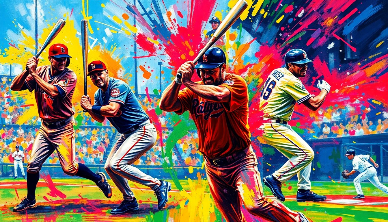 An abstract expressionist painting in neon colors, with rapid brushstrokes capturing the dynamic motion and energy of a baseball game.