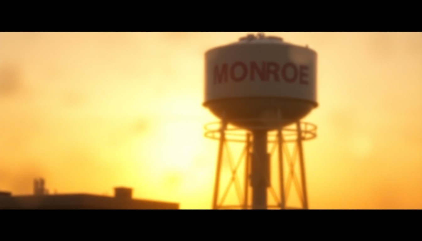 An extremely blurred and abstracted photograph showing the faint outline of a tall water tower structure against a warm, glowing sky, captured in a soft, dreamy style that evokes a sense of the tower's place within the larger community landscape.