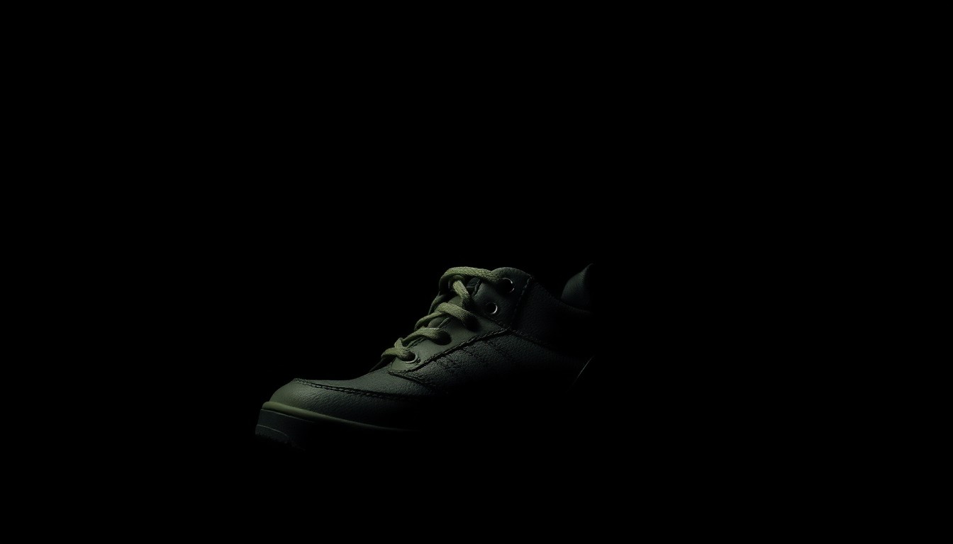 An extreme close-up photograph of a child's shoe or backpack against a pitch-black background, lit by a harsh, direct camera flash, creating a stark, gritty, investigative aesthetic.